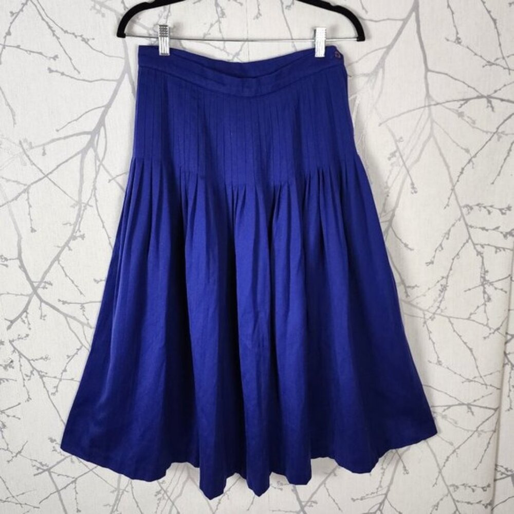Virani Vintage Blue Purple 100% Wool Pleated Flowy Midi Skirt